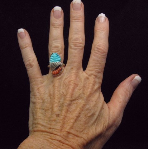 Image 1 of Zuni Native American Carved Turquoise Coral Silver Ring, Loyolita Othole,  sz7