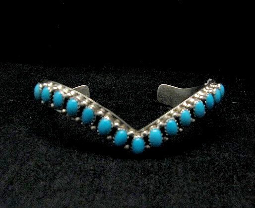 Image 0 of Navajo Indian Silver Turquoise V-shaped Cuff Bracelet, Livingston