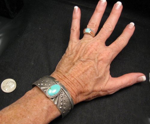 Image 2 of Anthony Bowman ~ Navajo ~ Tufa Cast Silver Turquoise Bracelet