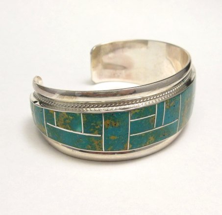 Image 2 of Rick Booqua Zuni Nevada Turquoise Inlay Sterling Silver Bracelet