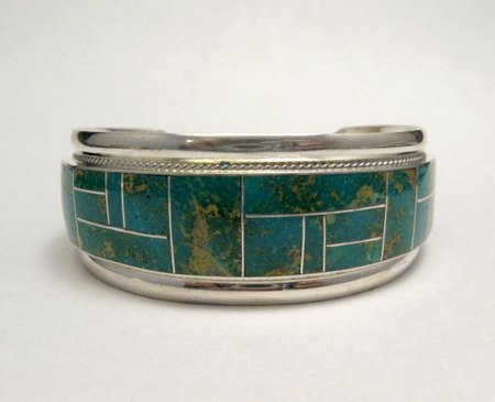 Image 4 of Rick Booqua Zuni Nevada Turquoise Inlay Sterling Silver Bracelet