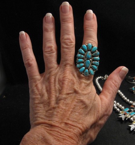 Image 2 of Justin Wilson Navajo Silver & Turquoise Cluster Jewelry Ring sz8-1/2