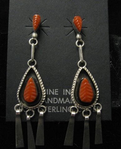 Image 0 of Zuni Native American Carved Coral Drop Earrings with Dangles