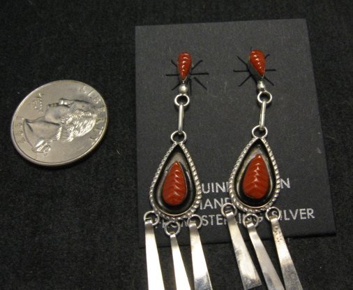 Image 1 of Zuni Native American Carved Coral Drop Earrings with Dangles