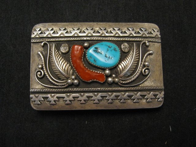 Image 0 of Native American Navajo Pawn Turquoise Coral Silver Buckle circa 1970's