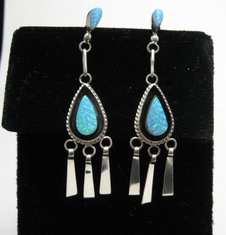 Image 0 of Zuni Native American Carved Blue Lab Opal Drop Earrings with Dangles