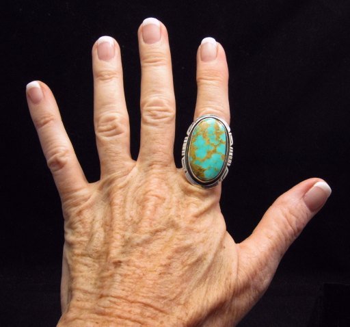 Image 4 of Big Native American Navajo Turquoise Sterling Silver Ring Sz8-1/4