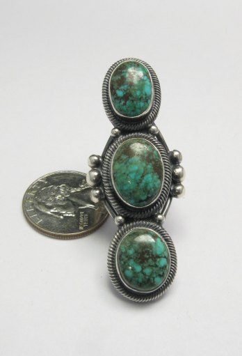 Image 3 of Huge Gloria Begay Navajo 3-stone Turquoise Sterling Silver Ring sz8