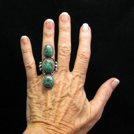 Image 2 of Huge Gloria Begay Navajo 3-stone Turquoise Sterling Silver Ring sz8