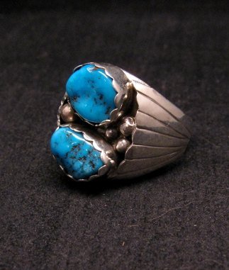 Image 1 of 2-Stone Navajo Turquoise Sterling Silver Mens Ring sz12, Marlene Martinez