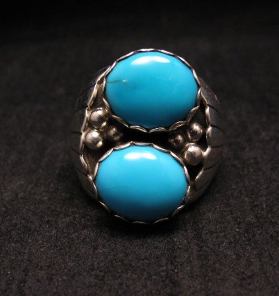 Image 1 of Navajo Native American Double Turquoise Silver Ring sz10, Marlene Martinez