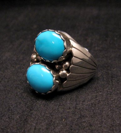 Image 0 of Navajo Native American Double Turquoise Silver Ring sz10, Marlene Martinez