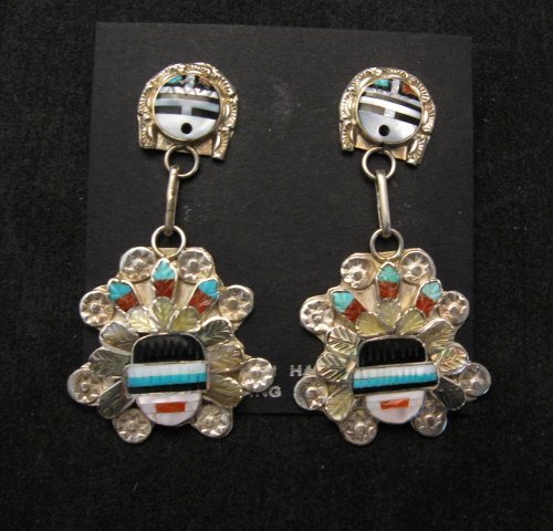 Image 0 of Zuni Inlaid Sunface Headress Silver Earrings, Eldred Martinez