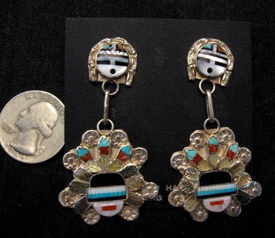 Image 1 of Zuni Inlaid Sunface Headress Silver Earrings, Eldred Martinez