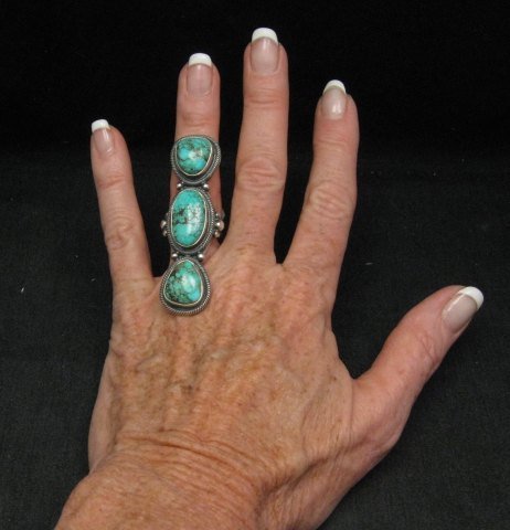 Image 1 of A+ Gloria Begay Navajo 3-stone Skyhorse Turquoise Silver Ring sz6