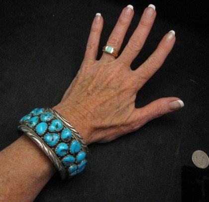 Image 4 of Large Native American Navajo Turquoise Silver Bracelet, Effie Spencer