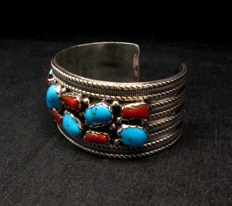 Image 2 of Native American Navajo Turquoise Coral Silver Bracelet, Pearlene Spencer