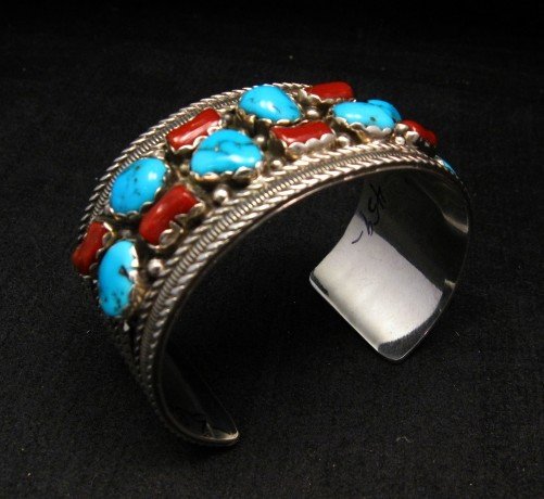 Image 5 of Native American Navajo Turquoise Coral Silver Bracelet, Pearlene Spencer