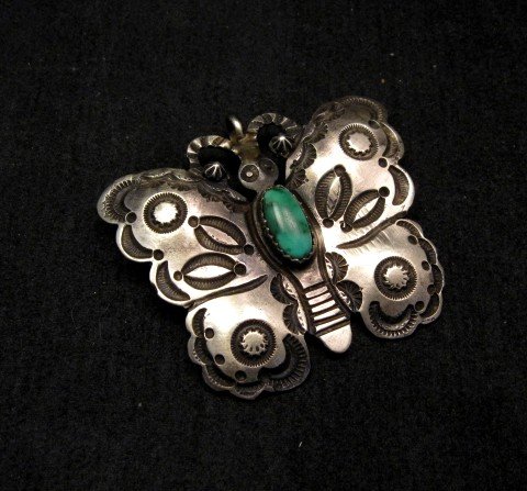 Image 0 of Navajo Old Style Sterling Silver Turquoise Butterfly Pendant