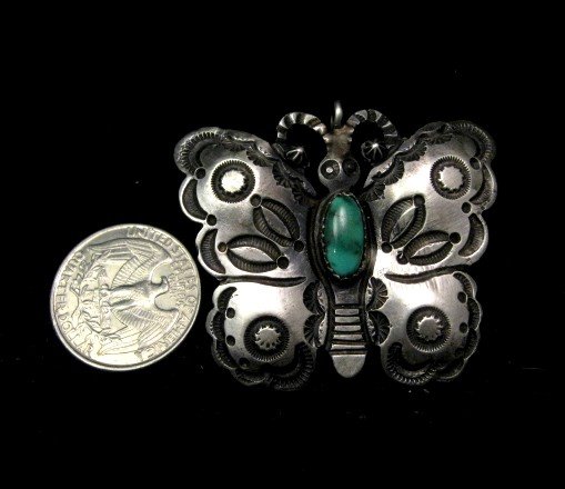 Image 2 of Navajo Old Style Sterling Silver Turquoise Butterfly Pendant