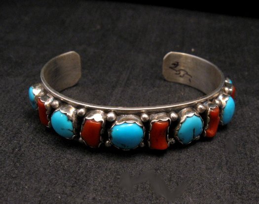 Image 0 of Native American Navajo Turquoise Coral Silver Bracelet, Effie Spencer
