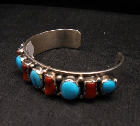 Image 1 of Native American Navajo Turquoise Coral Silver Bracelet, Effie Spencer