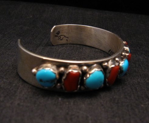 Image 2 of Native American Navajo Turquoise Coral Silver Bracelet, Effie Spencer