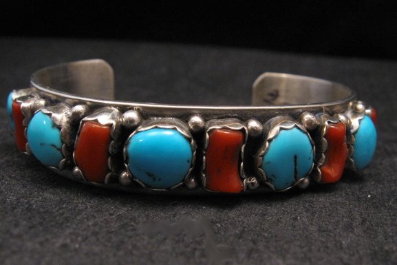 Image 3 of Native American Navajo Turquoise Coral Silver Bracelet, Effie Spencer