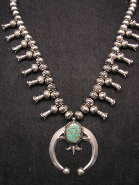 Image 6 of Navajo Native American Turquoise Squash Blossom Necklace, Eugene Hale
