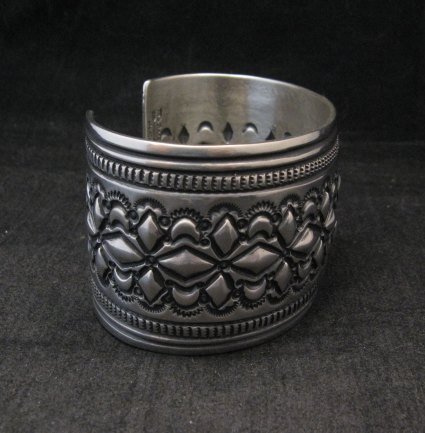 Image 3 of Wide Navajo Handmade Repousse Stamped Sterling Silver Bracelet, Darryl Becenti