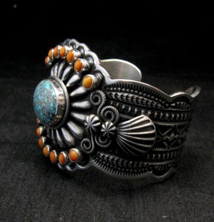 Image 2 of Darrell Cadman Navajo No. 8 Turquoise Spiny Oyster Silver Bracelet