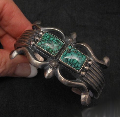 Image 0 of Native American Navajo Sandcast Turquoise Silver Bracelet, Harrison Bitsue