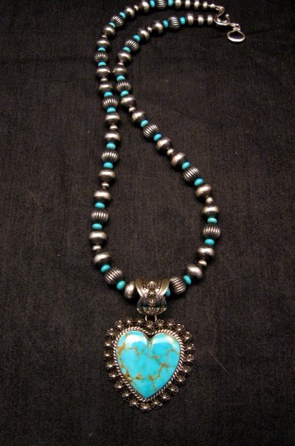 Image 0 of Navajo Kingman Turquoise Heart Pendant w/silver bead necklace, Happy Piasso