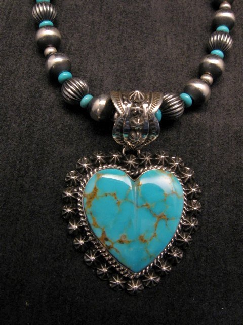 Image 1 of Navajo Kingman Turquoise Heart Pendant w/silver bead necklace, Happy Piasso