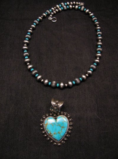 Image 2 of Navajo Kingman Turquoise Heart Pendant w/silver bead necklace, Happy Piasso