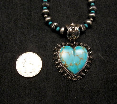 Image 5 of Navajo Kingman Turquoise Heart Pendant w/silver bead necklace, Happy Piasso