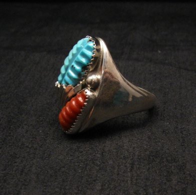 Image 2 of Zuni Native American Carved Turquoise & Coral Ring, Loyolita Othole, sz13-1/2