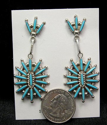 Image 1 of Zuni Native American Needle Point Turquoise and Silver Dangle Earrings