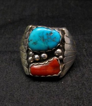 Image 0 of Native American Navajo Turquoise Coral Silver Ring sz13