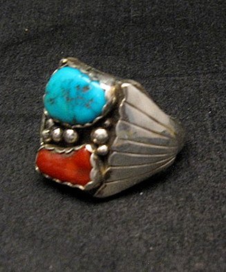 Image 1 of Native American Navajo Turquoise Coral Silver Ring sz13
