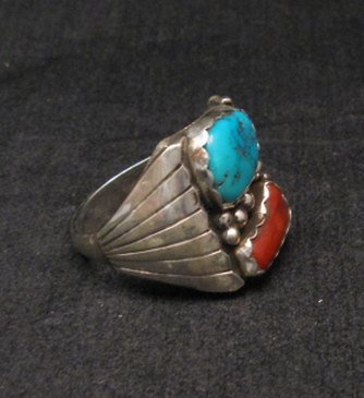 Image 2 of Native American Navajo Turquoise Coral Silver Ring sz13