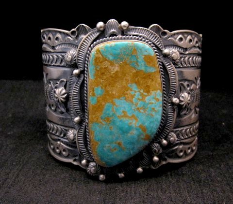 Image 0 of Wide Navajo Native American Royston Turquoise Sterling Bracelet, Gilbert Tom
