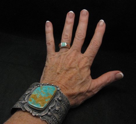 Image 5 of Wide Navajo Native American Royston Turquoise Sterling Bracelet, Gilbert Tom