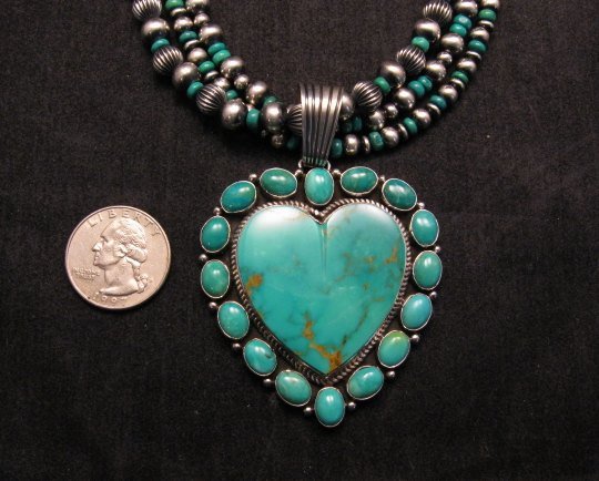 Image 2 of Navajo Kingman Turquoise Heart Pendant w/silver beads necklace, Geneva Apachito
