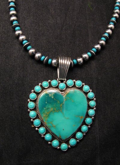 Image 0 of Native American Navajo Turquoise Heart Pendant w/ bead necklace, Geneva Apachito