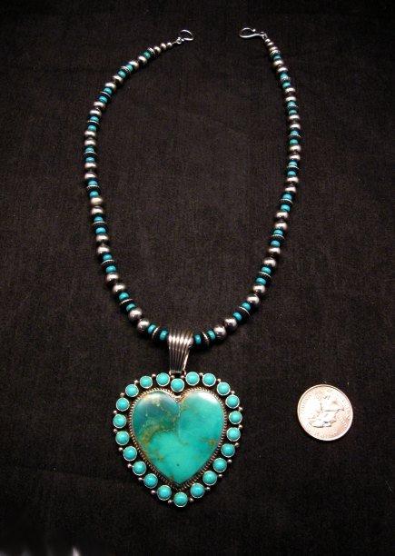 Image 2 of Native American Navajo Turquoise Heart Pendant w/ bead necklace, Geneva Apachito