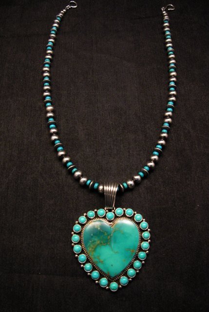 Image 3 of Native American Navajo Turquoise Heart Pendant w/ bead necklace, Geneva Apachito