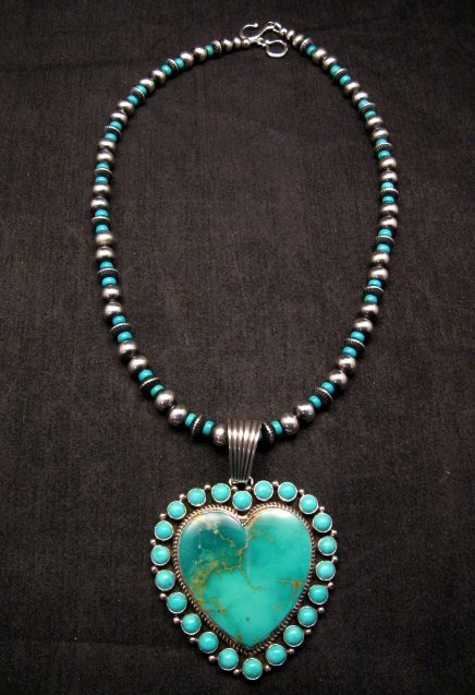 Image 1 of Native American Navajo Turquoise Heart Pendant w/ bead necklace, Geneva Apachito