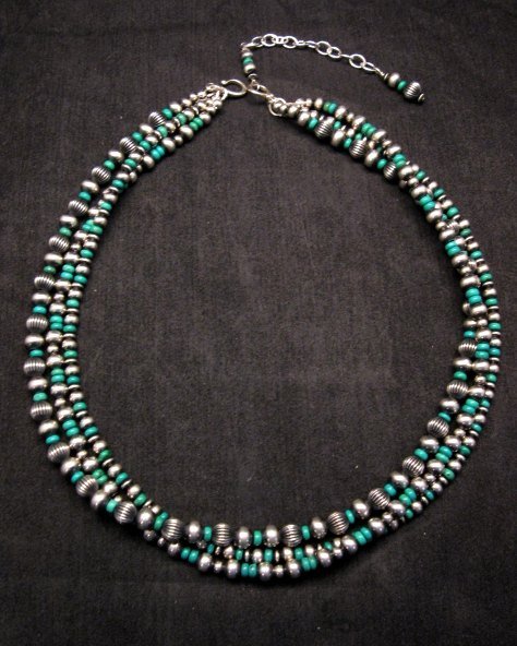 Image 0 of Triple Strand Turquoise & Mixed Sterling Silver Bead Necklace, Marilyn Platero