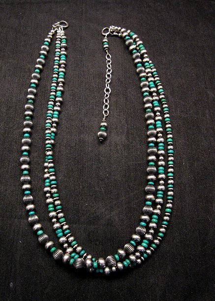 Image 1 of Triple Strand Turquoise & Mixed Sterling Silver Bead Necklace, Marilyn Platero